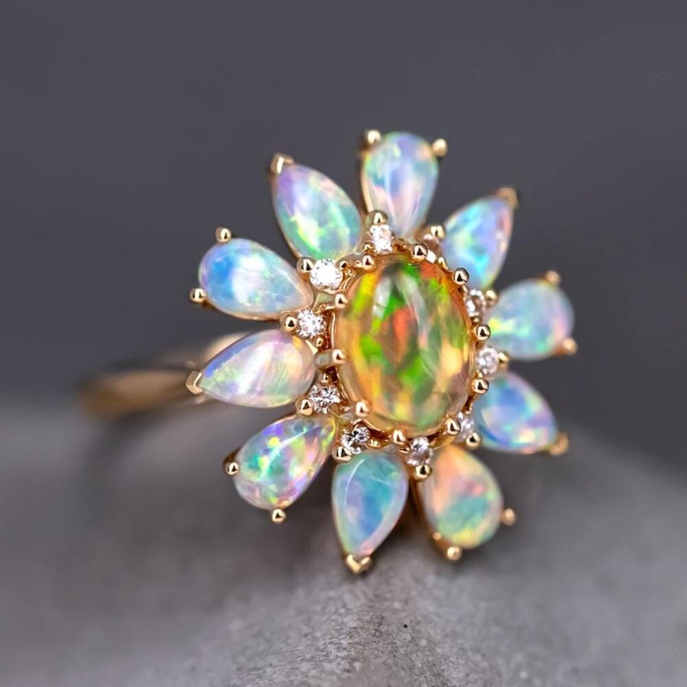 Golden Dahlia – Fire Opal & Australian Opal Floral Diamond Engagement Ring